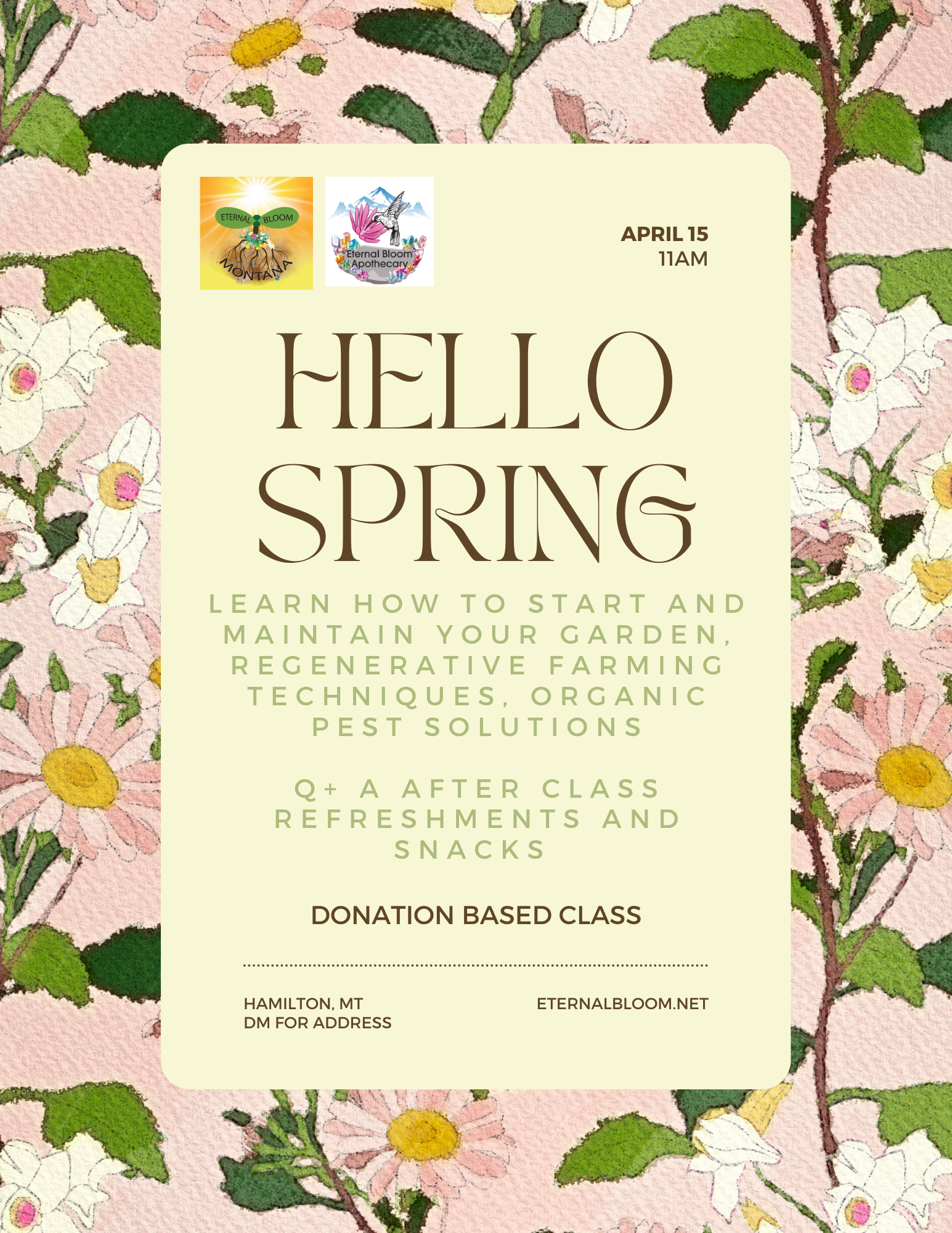 April 15th Annual Class 11am in Hamilton Mt