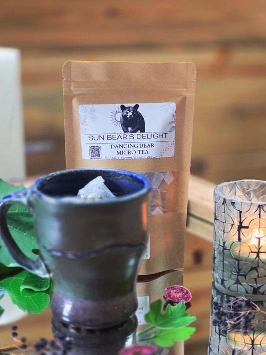 Tea package with a bear design labeled 'Sun Bear's Delight' next to a teacup and decorative elements.